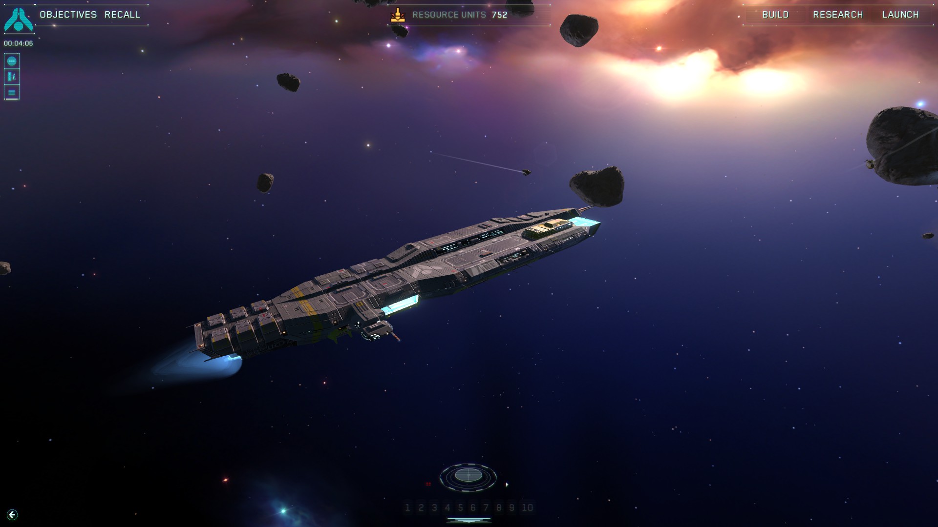 A long grey spacecraft with blue engines moving through an asteroid field.