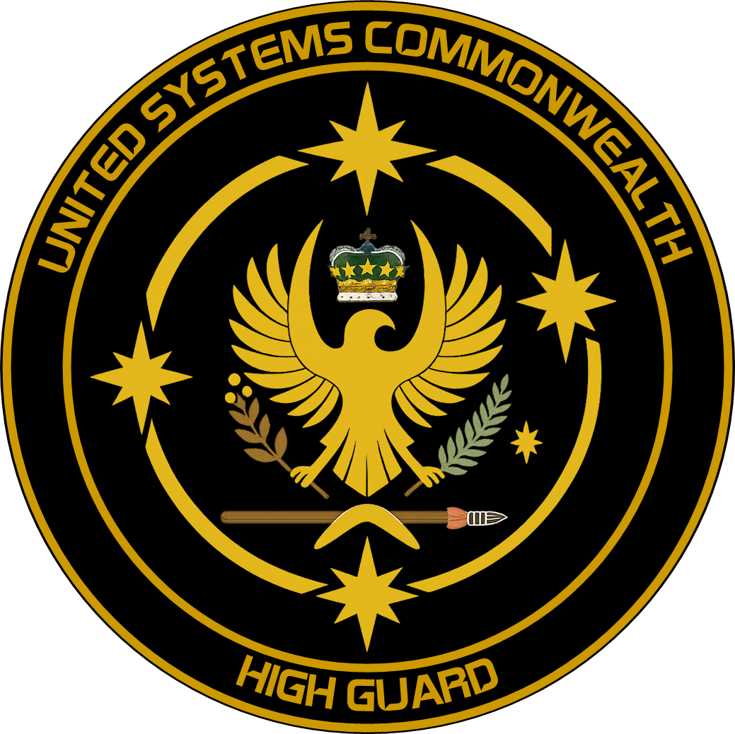 United Systems Commonwealth High Guard crest: gold circular insignia with a crowned bird and stars.