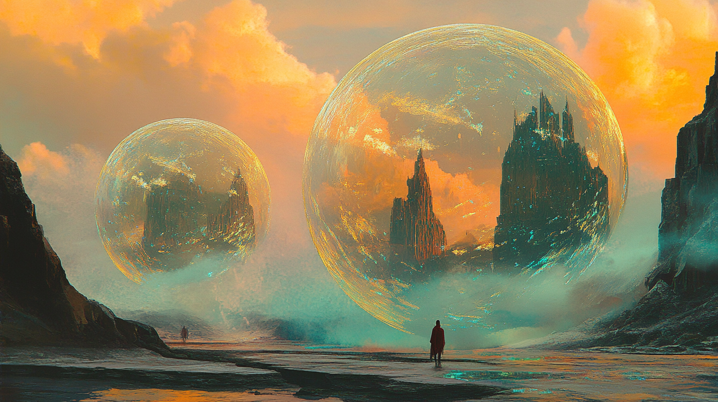 A man standing in front of 2 large portals to alternate worlds. The portals look like bubbles.