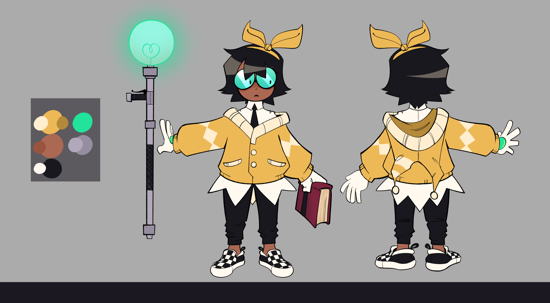 A model sheet for Leaf, a dark skinned woman wearing a jester themed hoodie cardigan