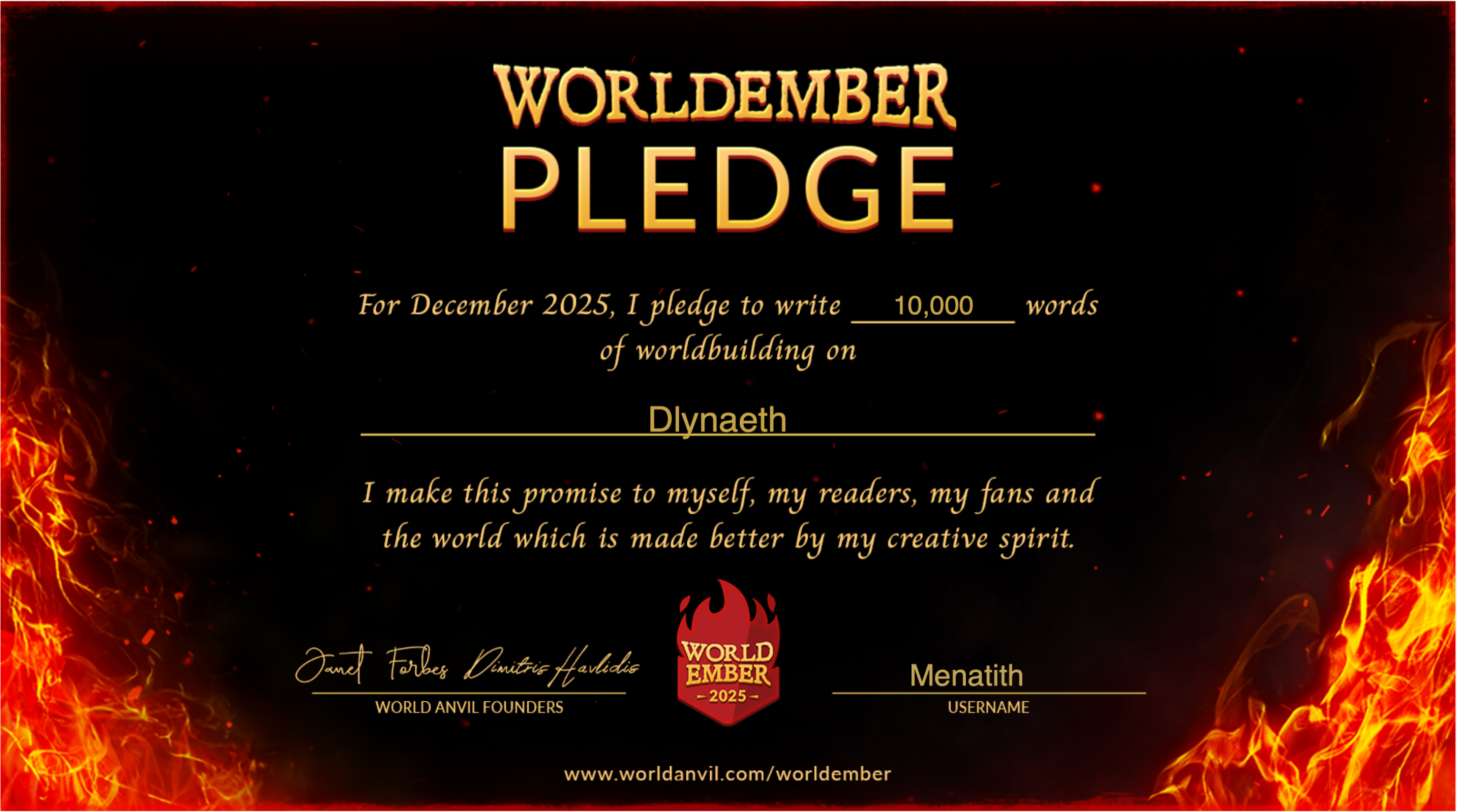 WorldEmber Pledge - pleding to write 10,000 words for Dlynaeth