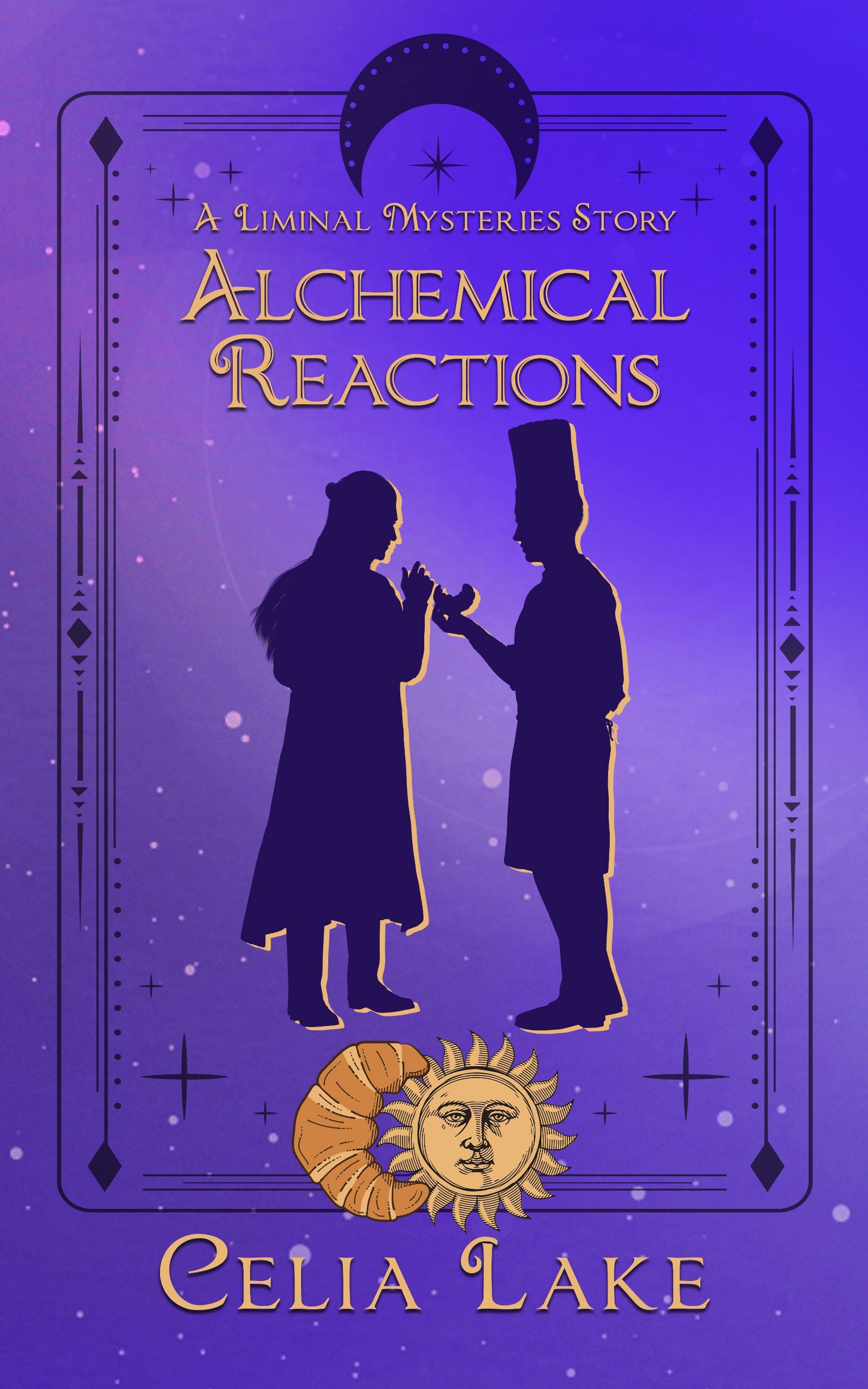 Alchemical Reactions: Two men silhouetted on a purple cover. One wears long academic robes with his hair down his back, the other has a chef's hat and apron, holding a croissant. A croissant in a crescent moon shape frames a sun at the bottom.