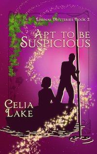AptToBeSuspicious 200.jpeg Apt to be Suspicious is a deep red-wine purple. A silhouetted man poling a punt and a woman, her back to the viewer, watching him, are framed by ivy and swirling magical stars.