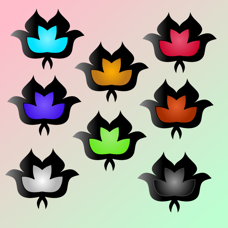 Illustrations de huit pins en forme de fleur de différentes couleurs