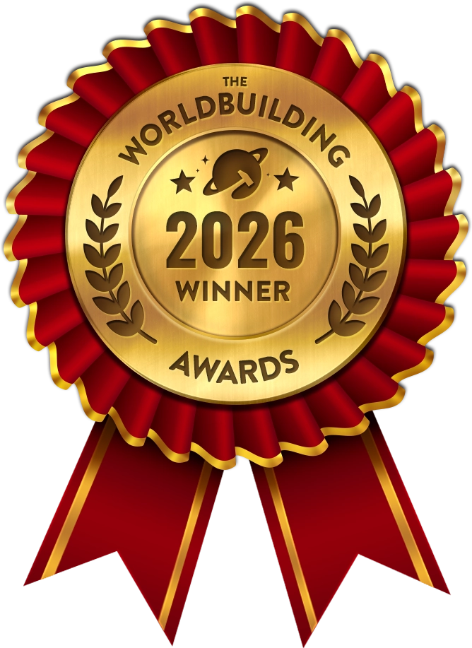 A red and gold rosette ribbon reading 