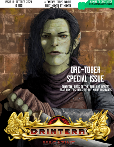 Drintera Magazine 008 cover 371x480.png Cover image of Drintera Magazine Issue #8, featuring a female orc adventurer in leather armor holding a curved knife