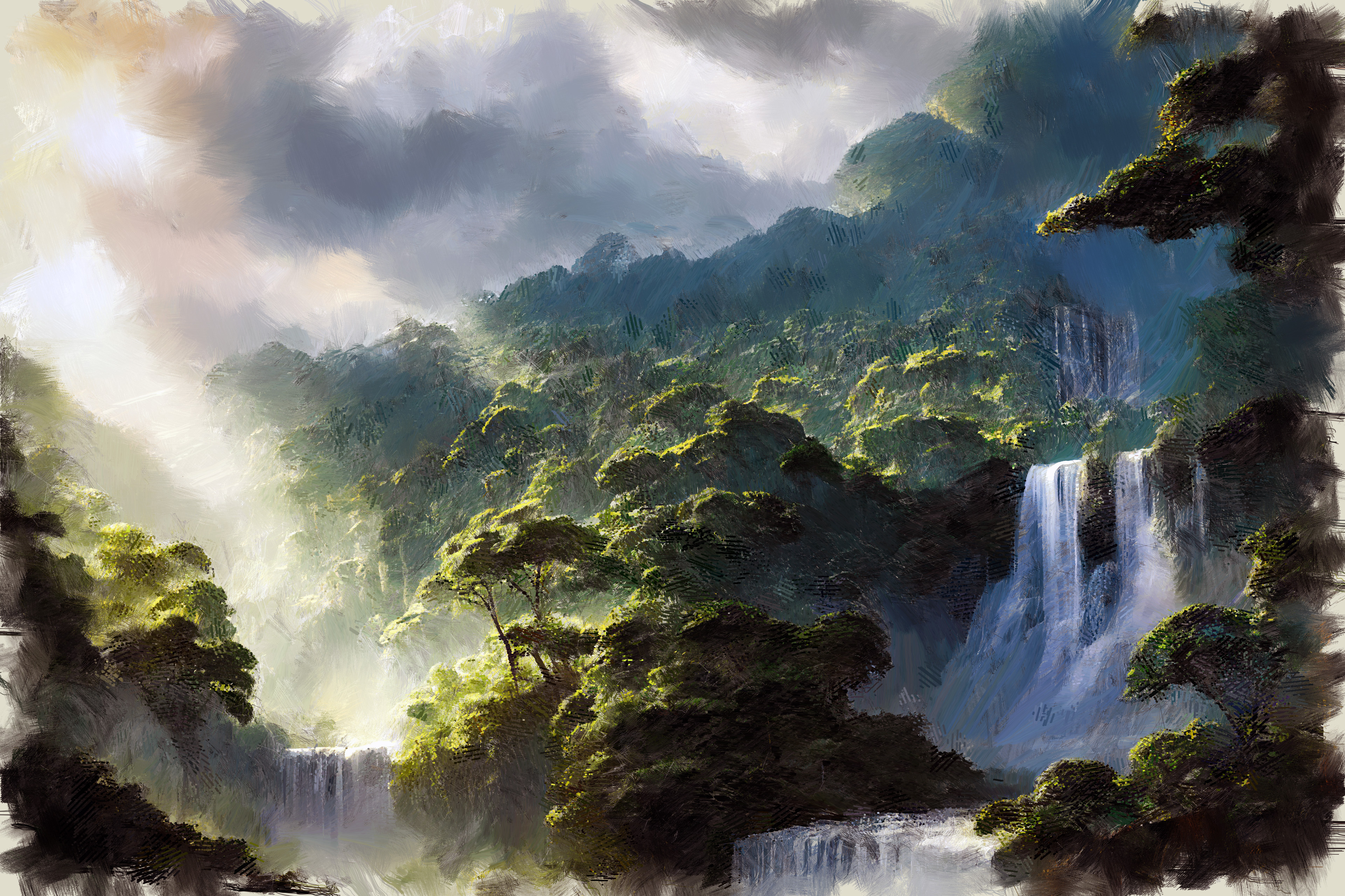Oil painting of rainforest covered cliffs with two waterfalls 