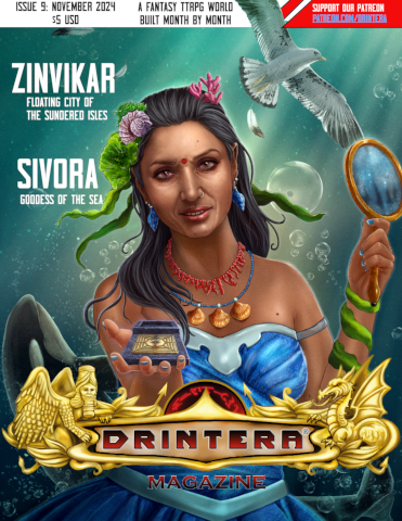 Drintera Magazine 009 cover 371x480.png Cover image of Drintera Magazine Issue #9, featuring the goddess of the sea holding a compass and a hand mirror