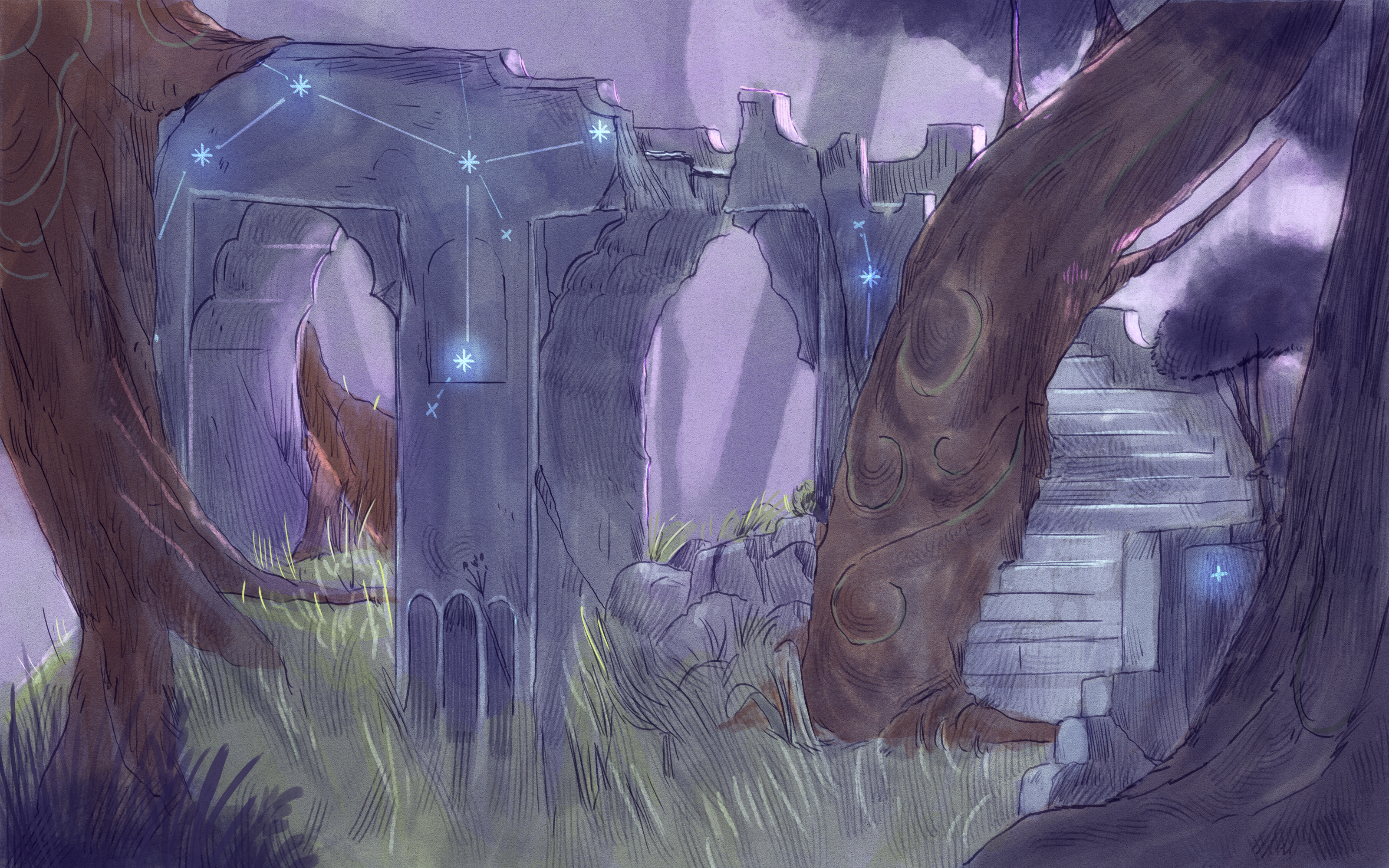 A constellation diagram decorates a ruined Gothic arch and stairway while tree trunks grow around them as if absorbing the stone.