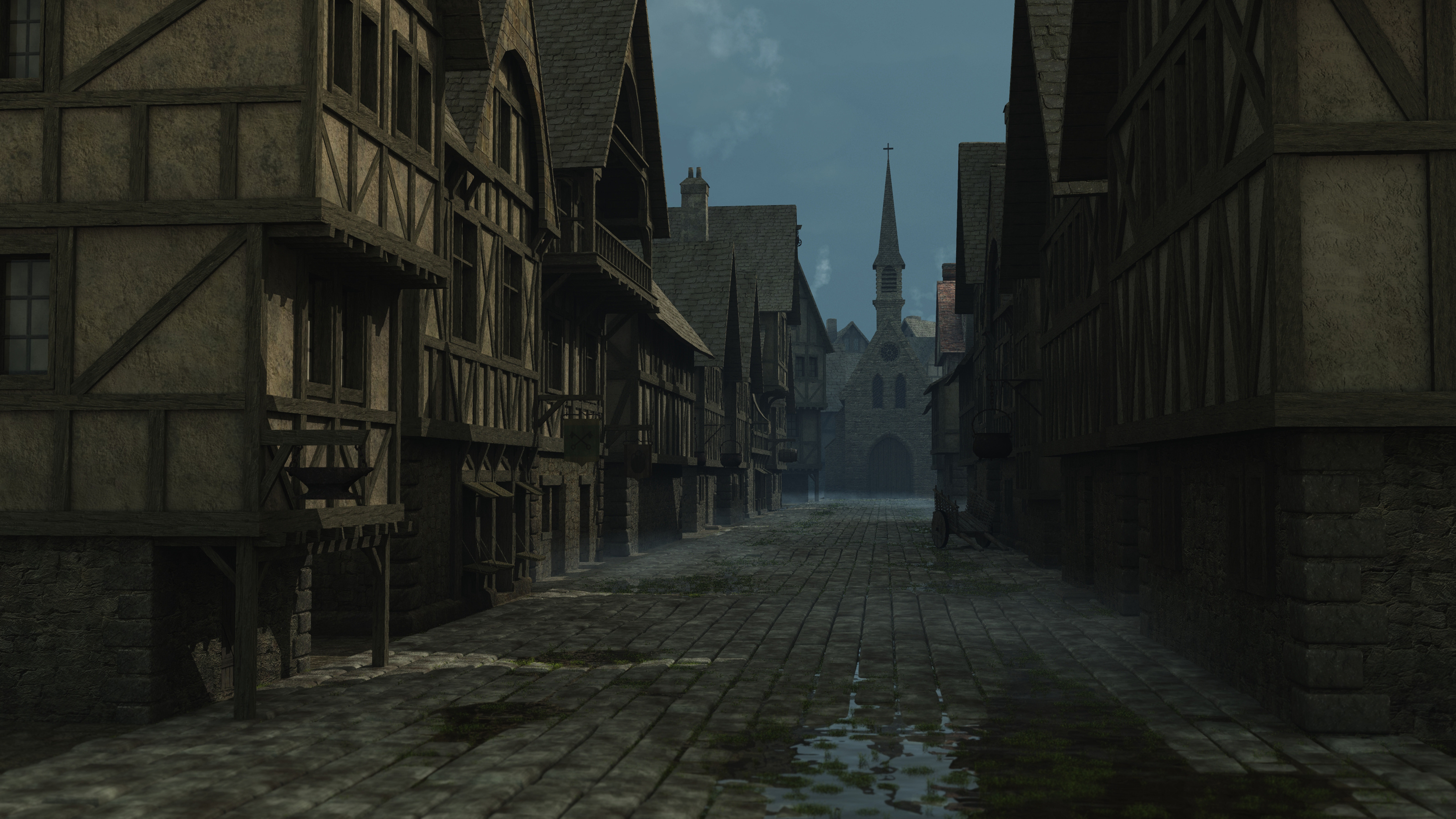 AdobeStock_29987274.jpeg 3D rendered scene of a medieval street leading to a church, with timber framed Tudor style buildings on both sides.