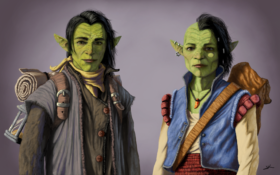 Portrait of a male and female goblin, dressed as travelers or adventurers