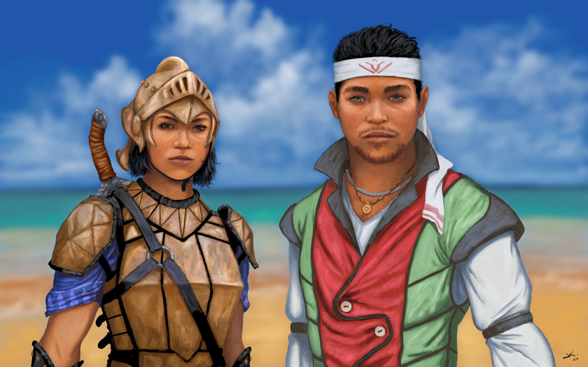 Wavecallers_144dpi.png A female and male Wavecaller. The woman is wearing a bronze-colored helmet and armor and the man has a colorful jacket,
