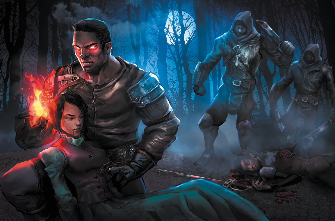 AaronLee_CGFACT.png A spellcaster cradles a fallen comrade and kindles a magical flame, while two hooded rogues approach from behing.