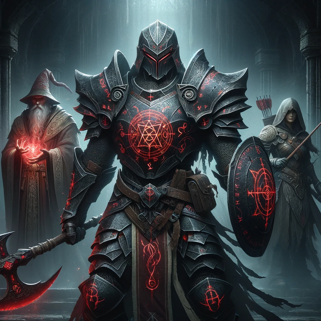 DALL·E 2024-05-22 14.17.11 - Create a dark and imposing image of a paladin in full plate armor, featuring red glowing cryptic, archaic symbols. The armor is dark and detailed, and.webp