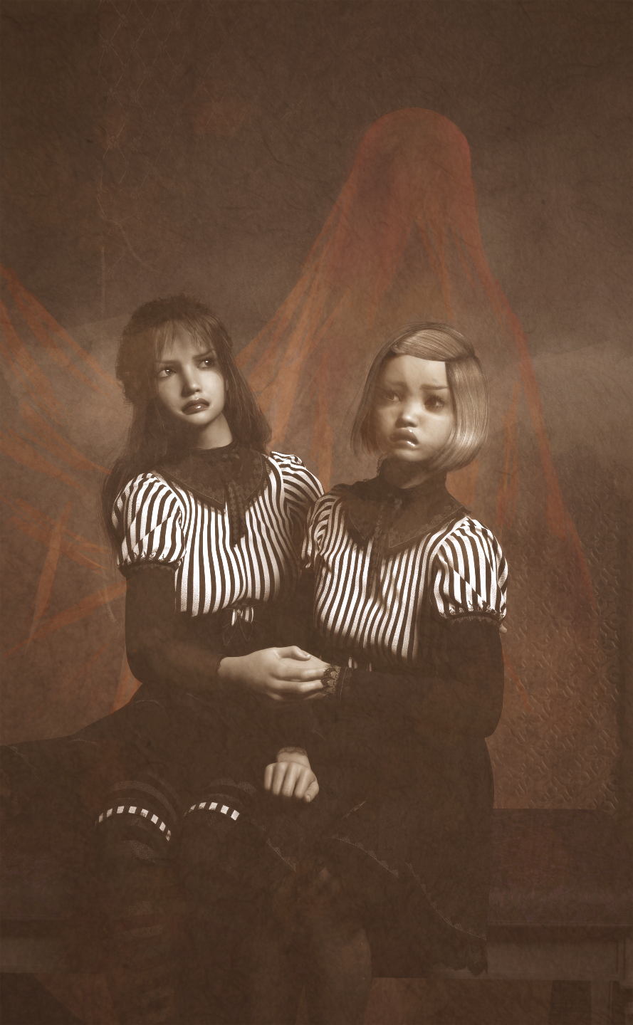Two Sisters Tintype The two young sisters look uneasily at the strange, amorphous figure behind them.