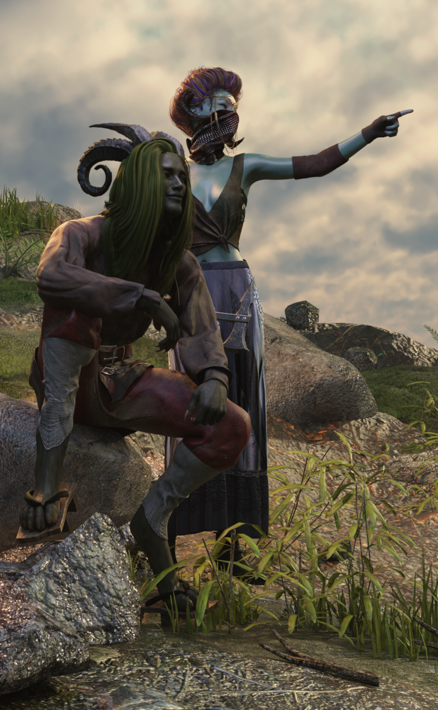 A male tevani with moss green hair and dark green skin sits on a rock, while his female tevani companion with pale blue skin and reddish-purple hair points outward.