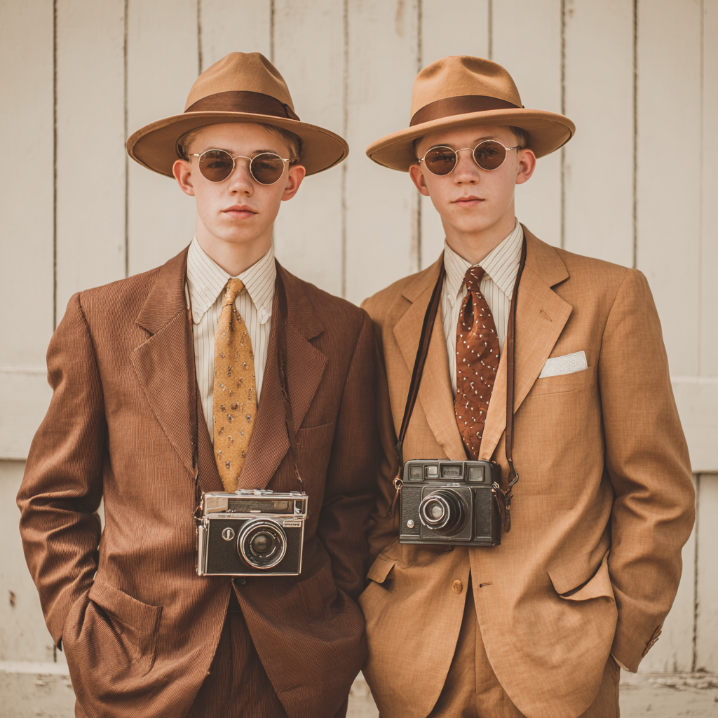 A pair of twenty-something twins dressed as old time reporters