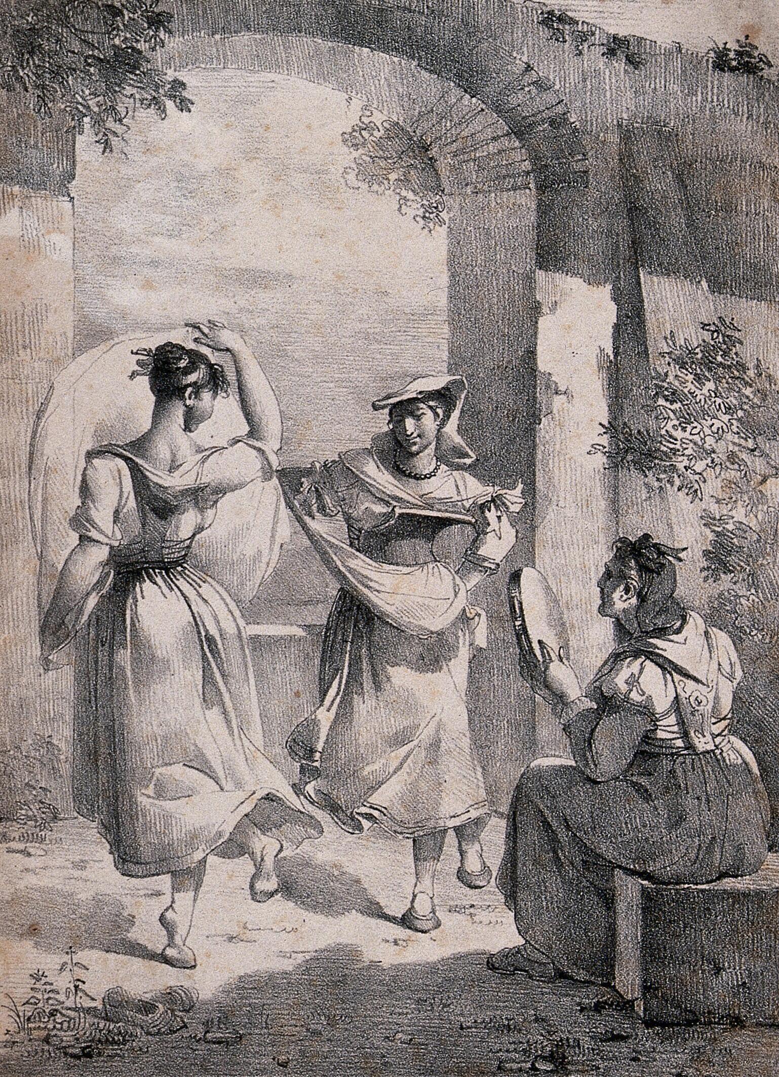 Il_saltarello_(Two_women_dance_as_another_plays_the_tambourine)_-_Lithograph_by_Hortense_Lescot,_Wellcome.jpg