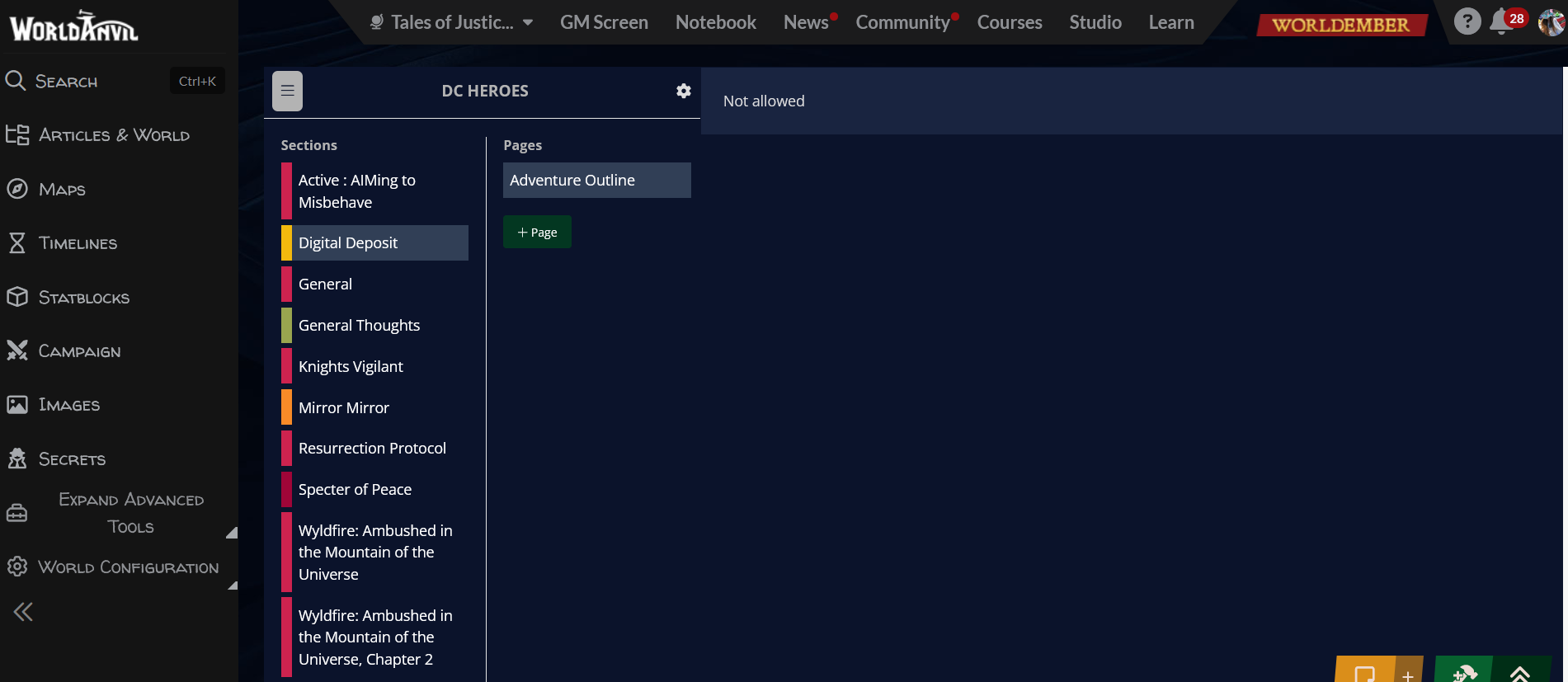 Notebook tool in World Anvil shows that user Jarissa is logged in, but all the Sections and Pages shown are things she is not allowed to see.