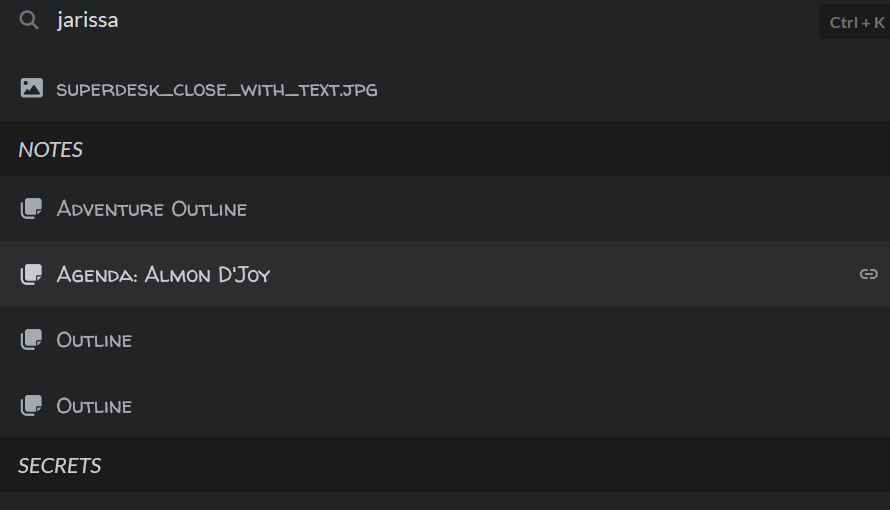 A search (Ctrl-K) for my User Name brings up results that include Notebook pages with Kummer Wolfe's notes about me, which I cannot see and which should not be shown to me at all.