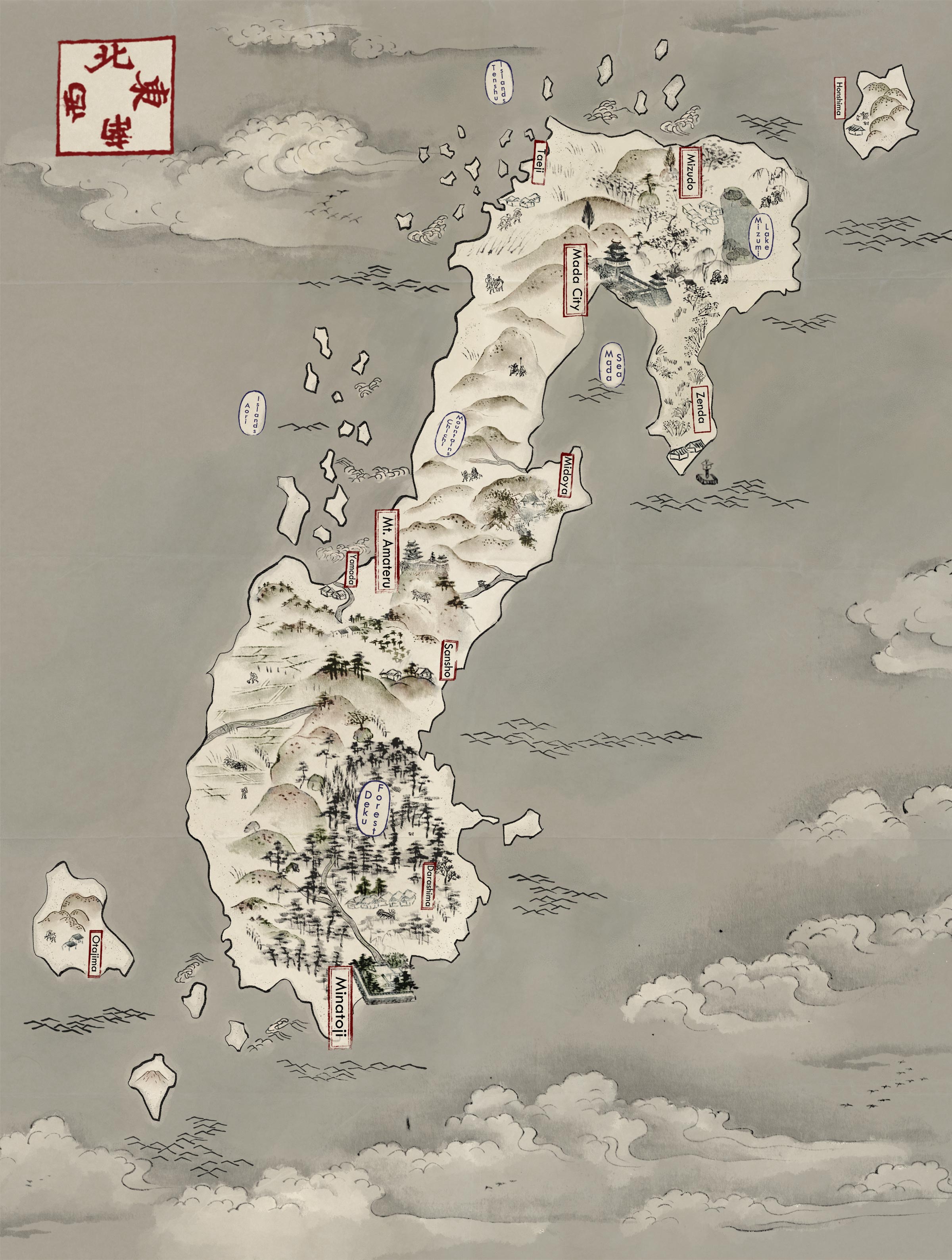 A map of an island country in a Japanese Calligraphic style showing the major cities and geographic features.