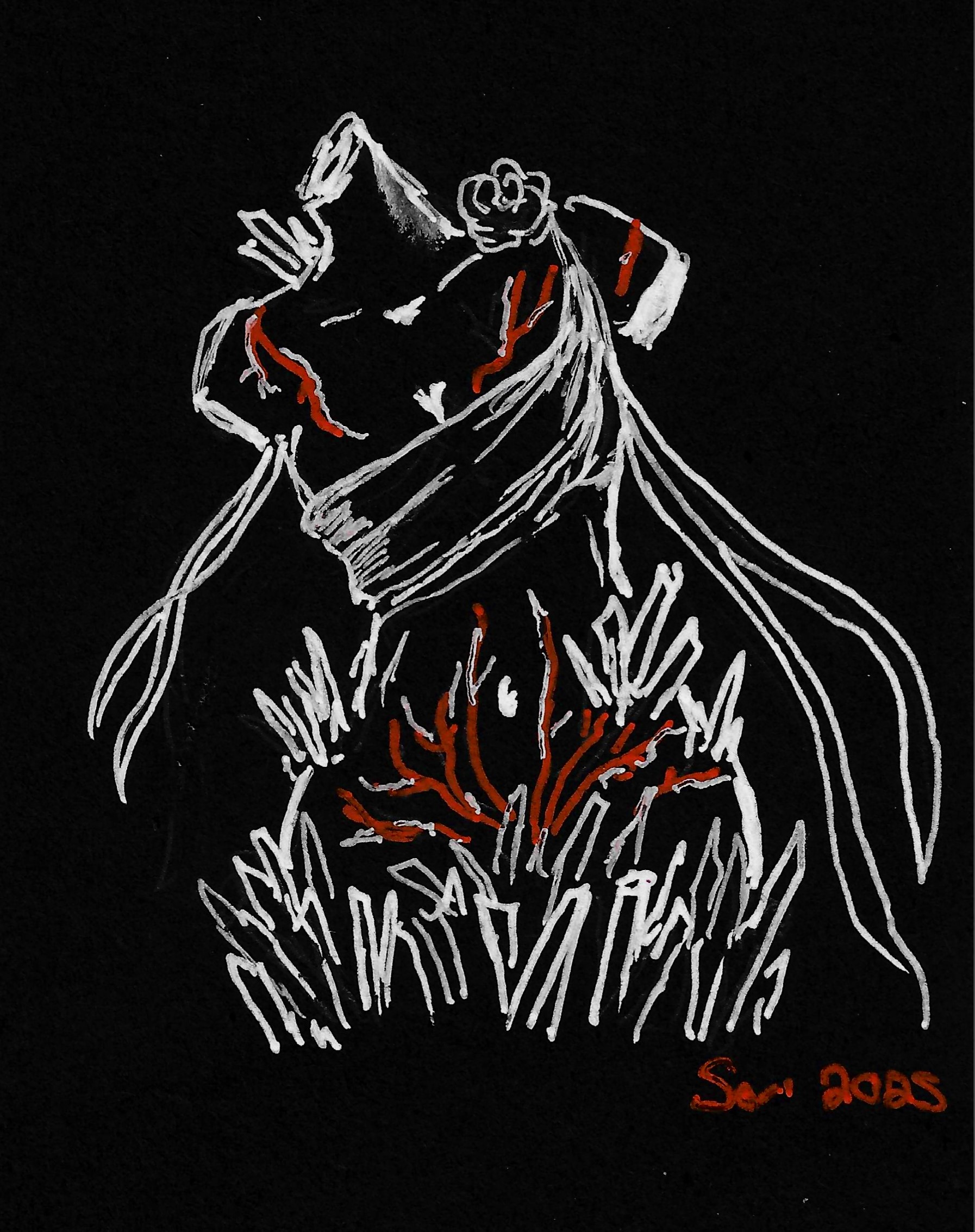 An Illustration of a statue of a woman with crystals growing through it and red veins to show what the disease, the hollowing to does to her, 