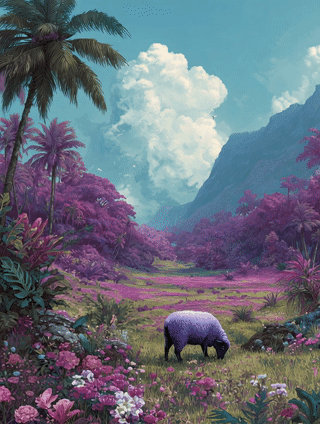 purple sheep in tropical meadow gif.gif