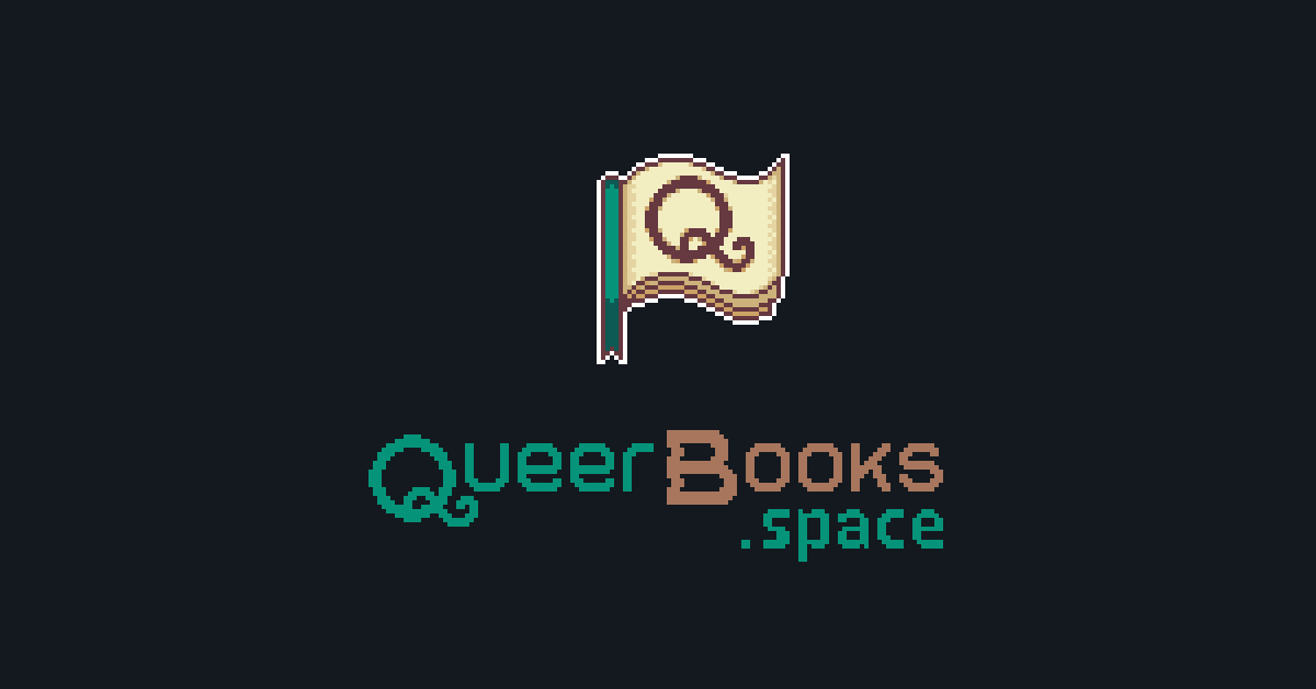 The QueerBooks.space Forum Logo, dark green and brown pixelated, underneath the favicon, a book and bookmark with a large Q made to look like a flag