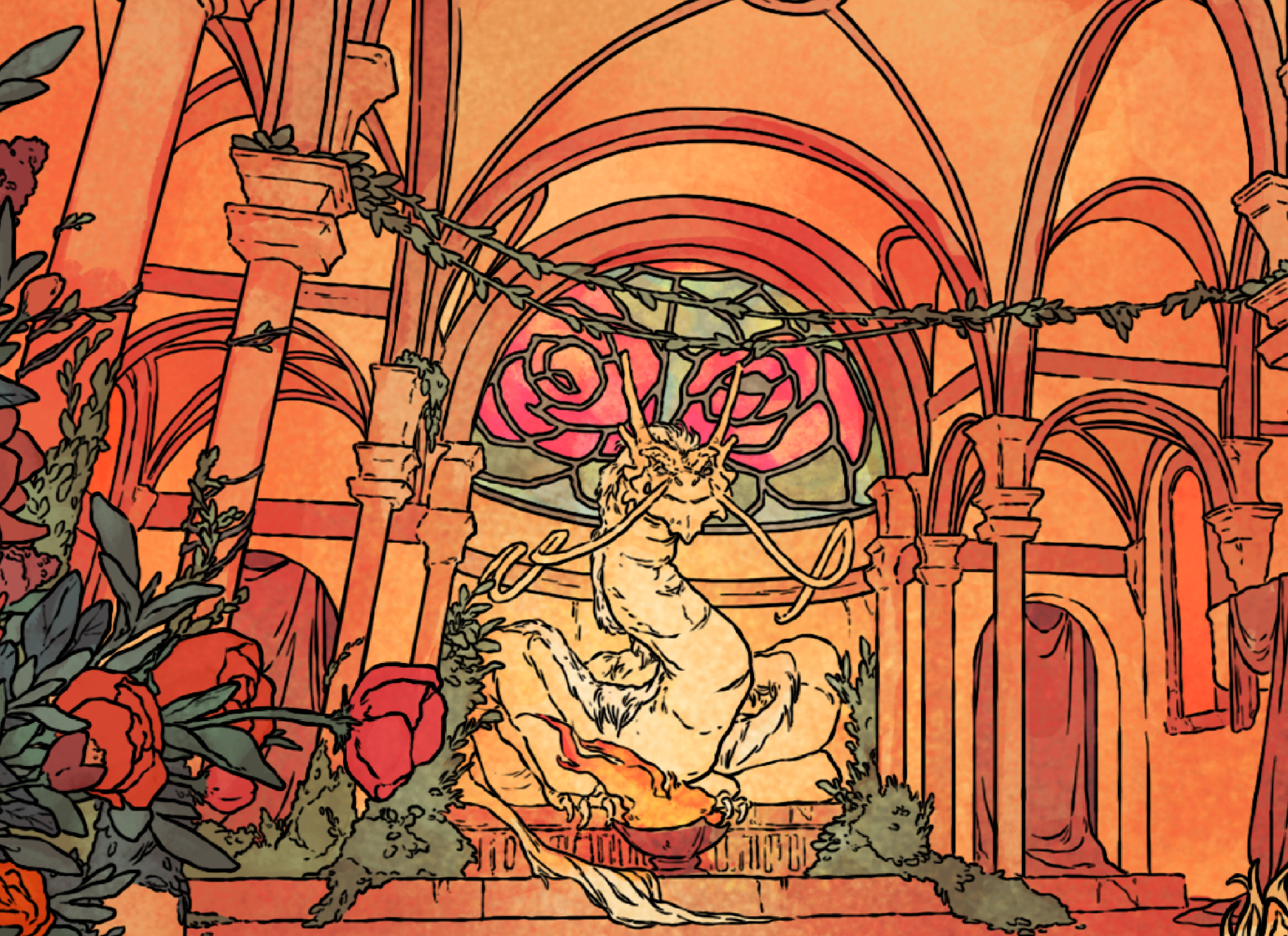 Regal Elovesor. A gold dragon in a church.
