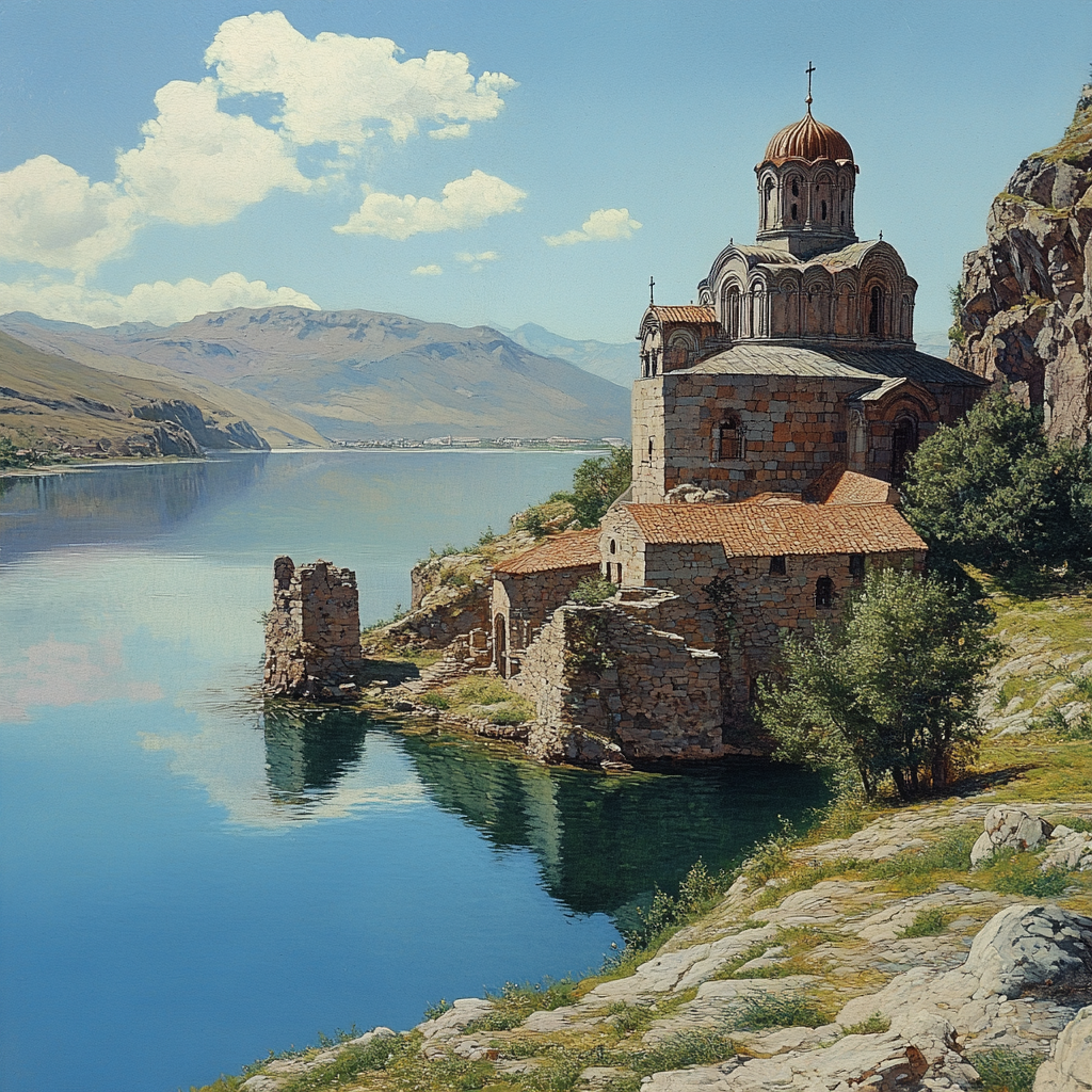 applepennies_a_stone_monastery_on_the_edge_of_a_large_lake_5b00ae1d-e7ab-4017-a808-ead9f5c1b32a.png