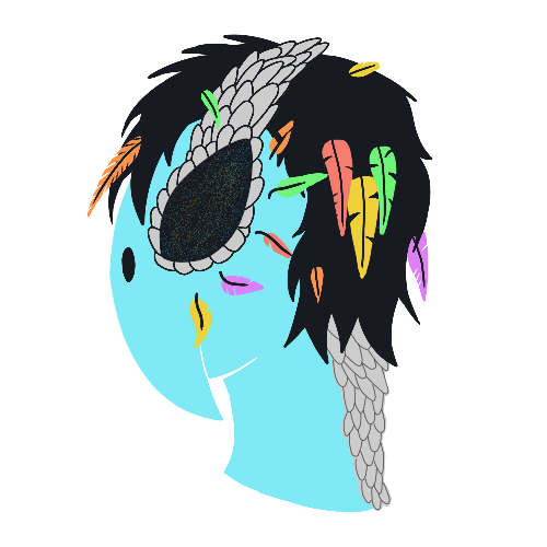 A blue side headshot of a owl-like person, with a big black eye surrounded by white feathers. It has black messy hair, and more white feathers covering the back of his neck. Colourful feathers decorate his hair and around his eye.