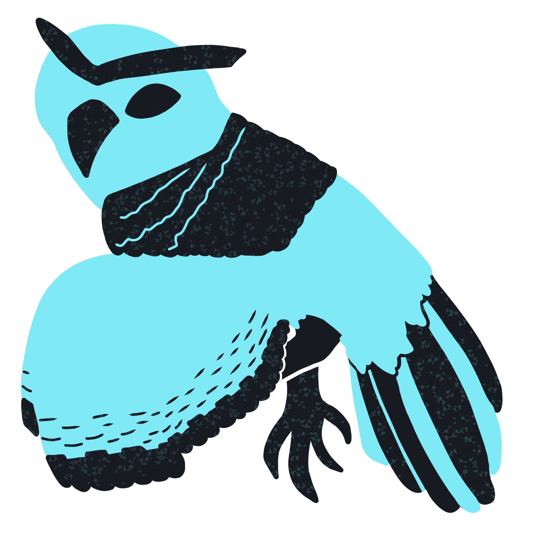 An owl-shaped creature with half its body being plain blue and parts of it being dark with soft blue speckles. It is missing one eye and one of its wings isn't shown.