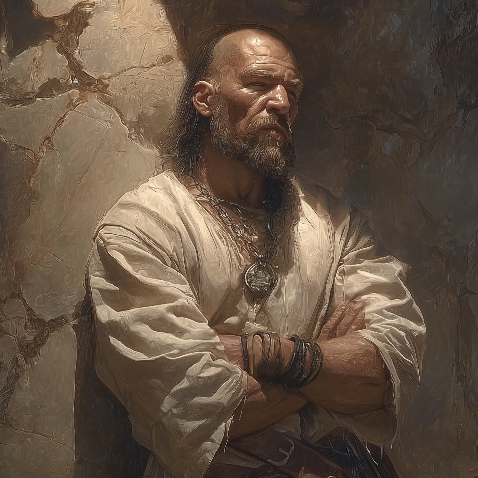 Short middle-aged man wearing clear clothes overseeing the situation leaning on a sandstone wall.