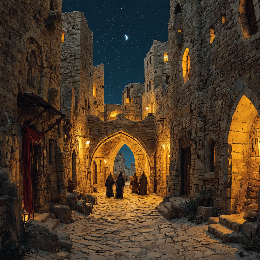 Figures in a Whadi alley by starlight