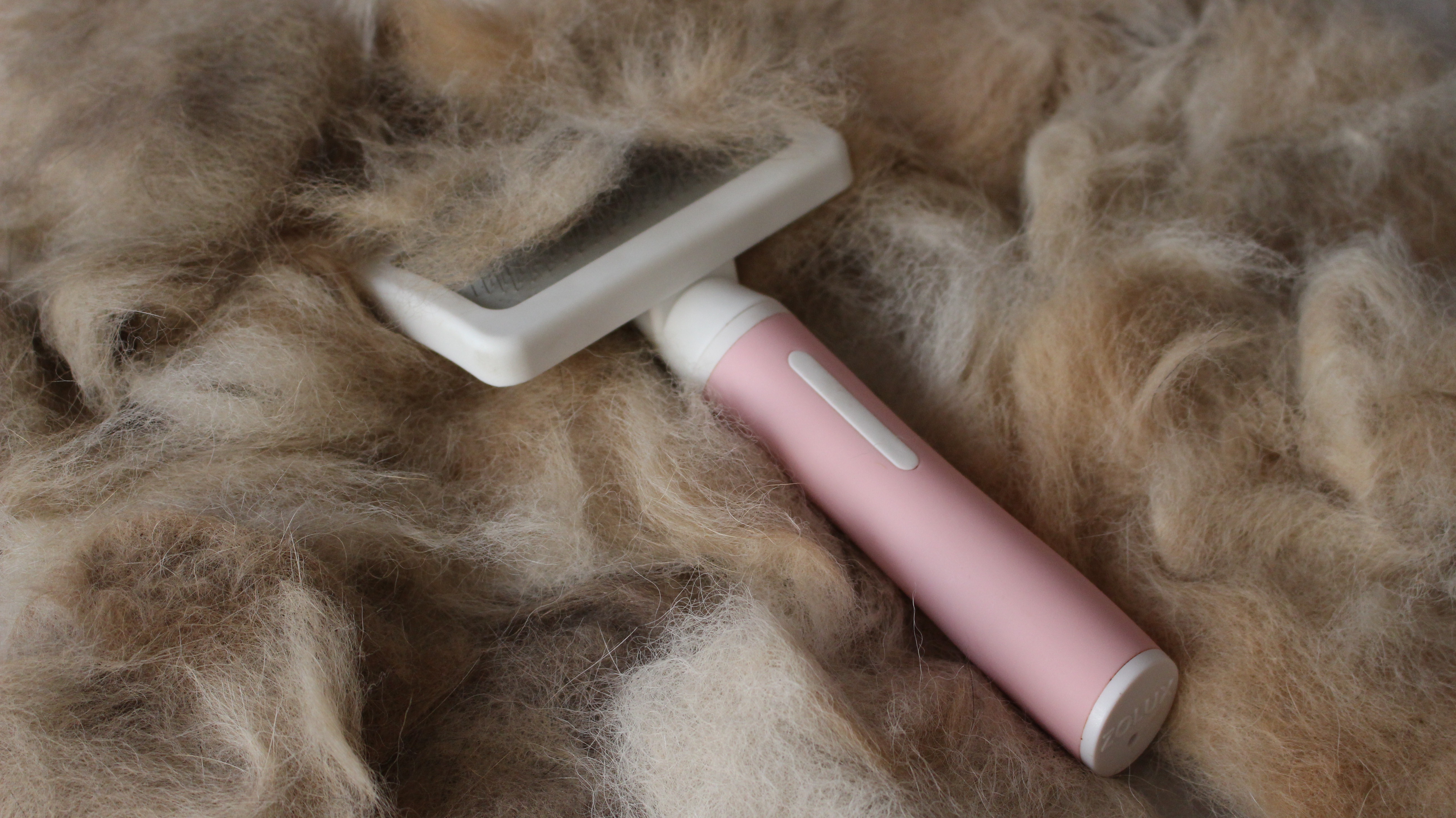 A pile of light-coloured fur with a pet brush lying in it