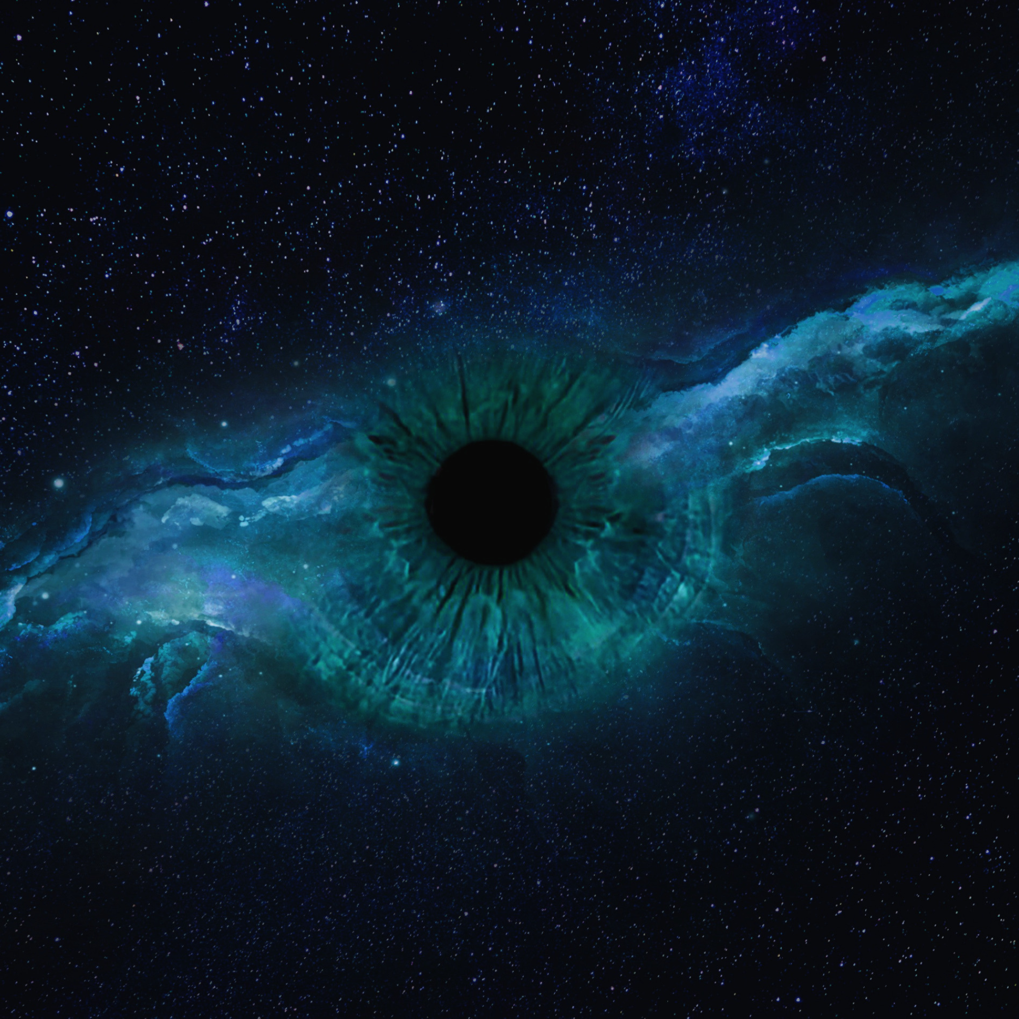 A teal-green iris looking through a dark, sea-coloured nebula in the dark of space
