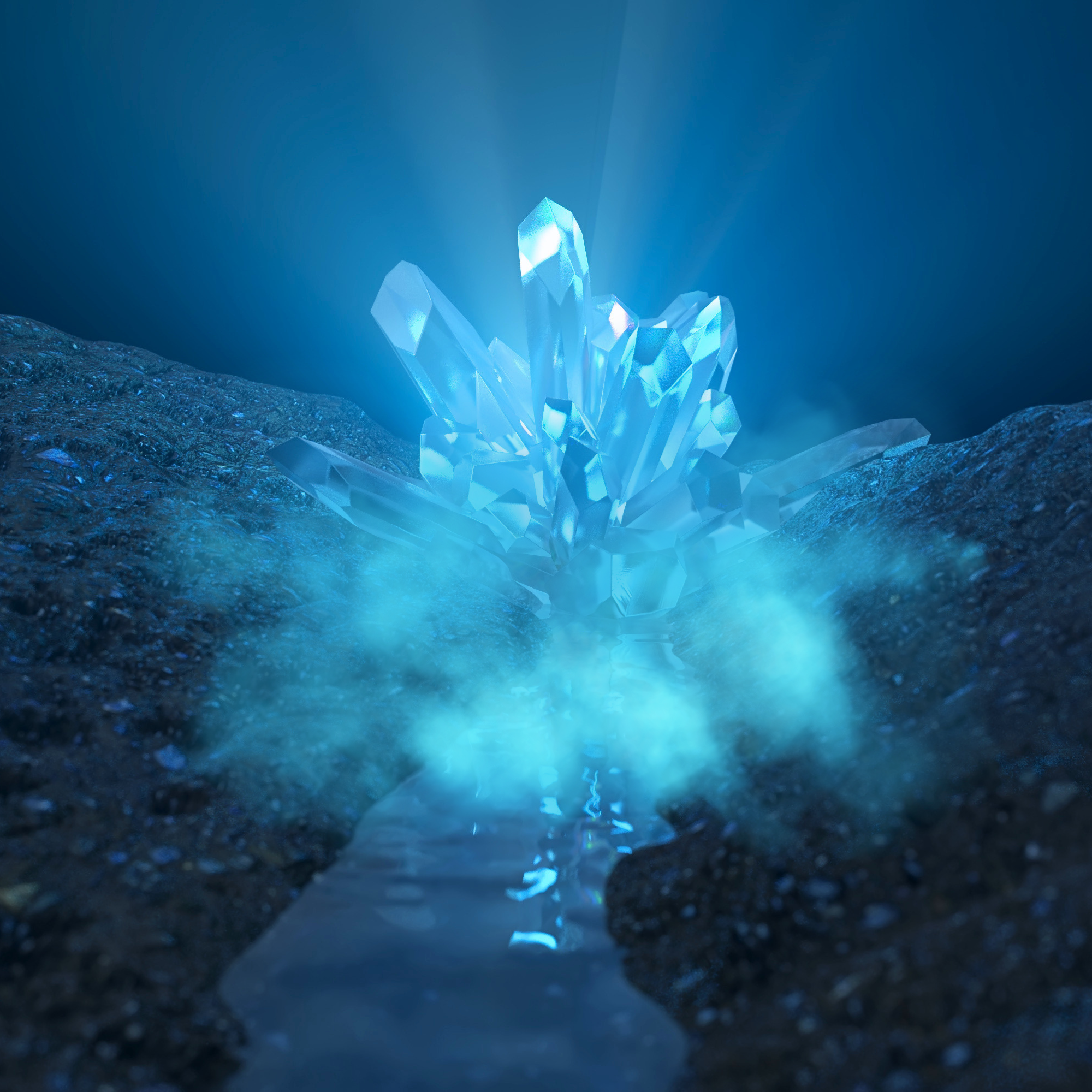 A gleaming crystal cluster sitting between shores underwater, emitting teal mist