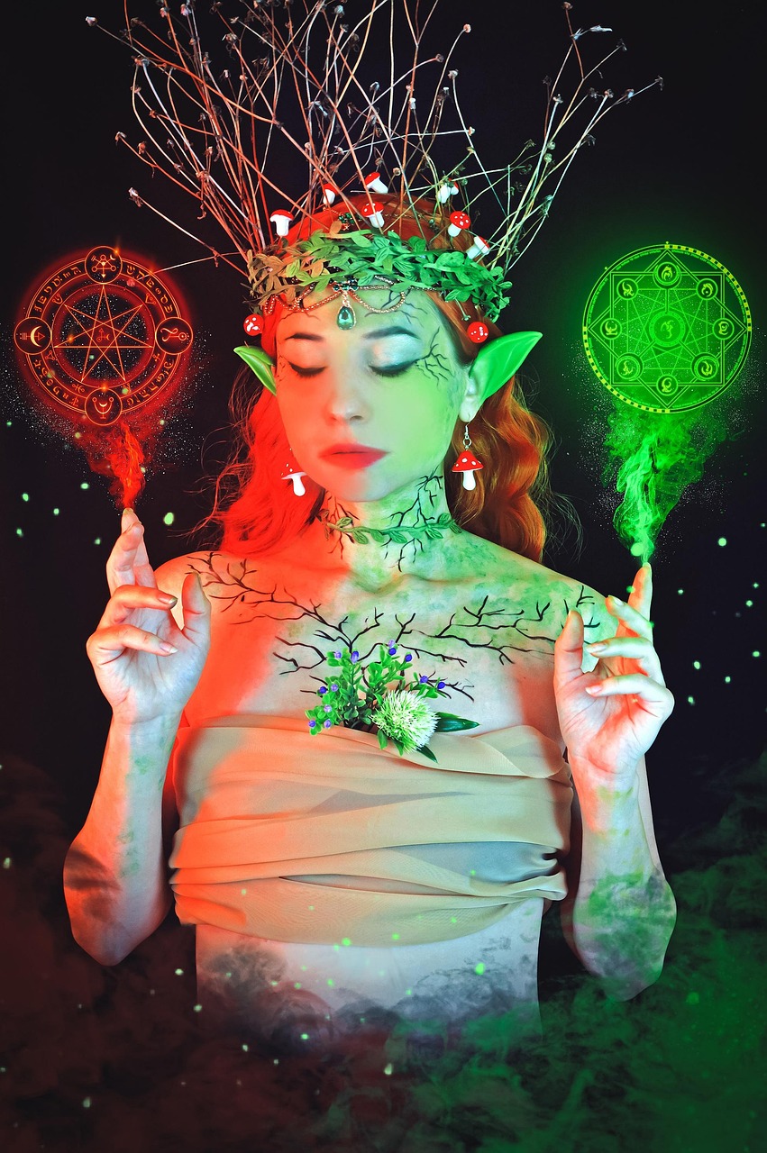 A woodland elf invoking red and green summoning circles