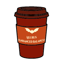 Coffee cup in shades of Red and Orange with a cream colored bat and Ailurus(Enhanced Balance) written on it.