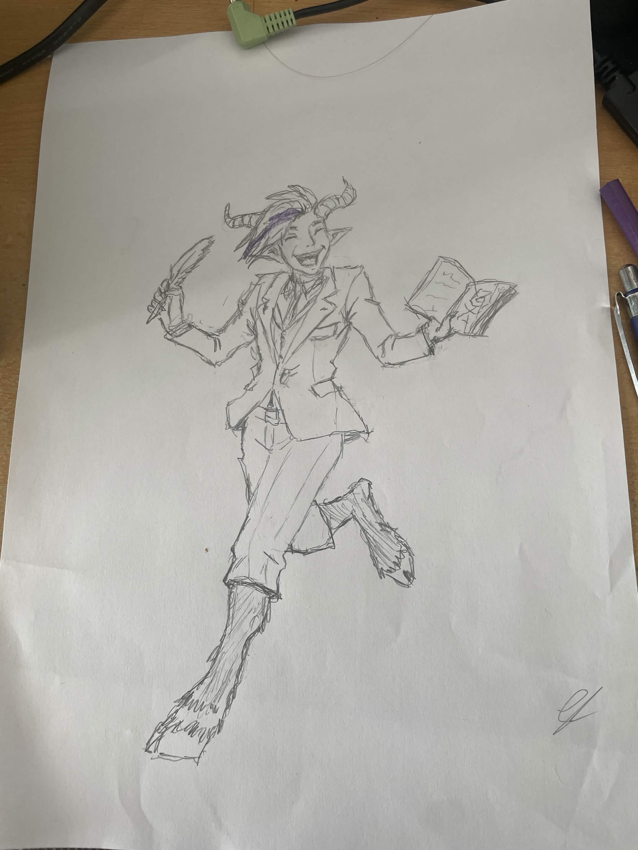 A sketch of a satyr in a pantsuit, with quill and notebook, grinning like a fool and scampering along like they've just done some act of mischief
