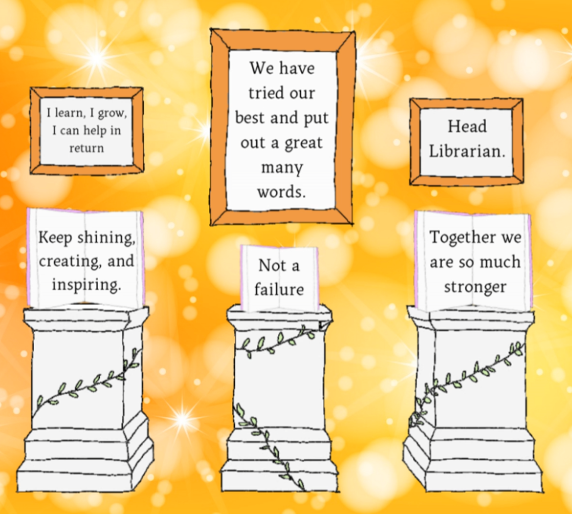 EncouragementRoom2 A row of three frames with inspiring sayings in them over three pedestals with open books with encouraging phrases on them.