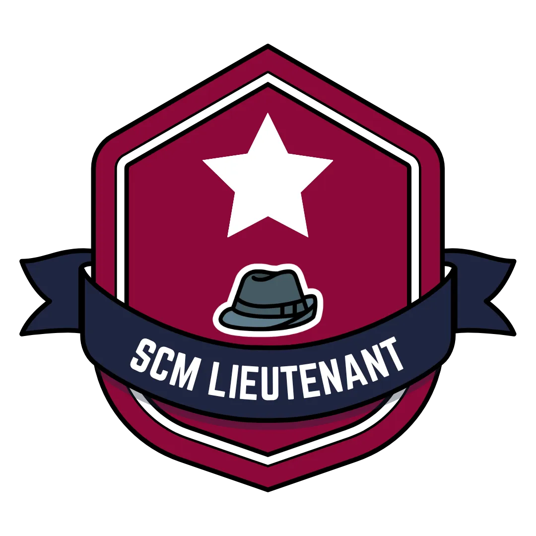 Red badge with fedora, gold star, large white star, and blue ribbon that says SCM Lieutanant.