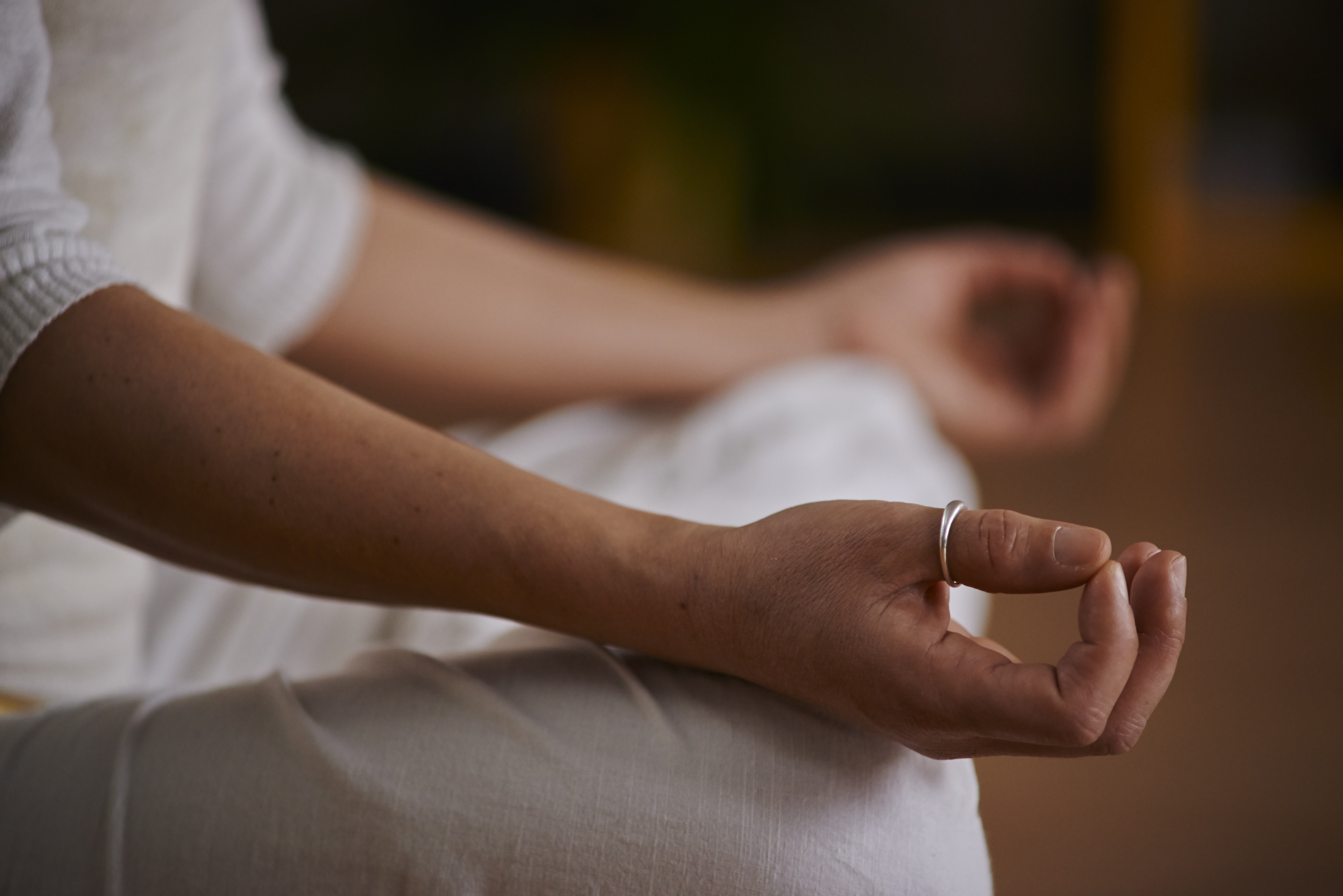 Meditation.jpg Closeup of a person's hands in a mudra, as they sit and meditate. The person is wearing white and there is a silver ring on their thumb.