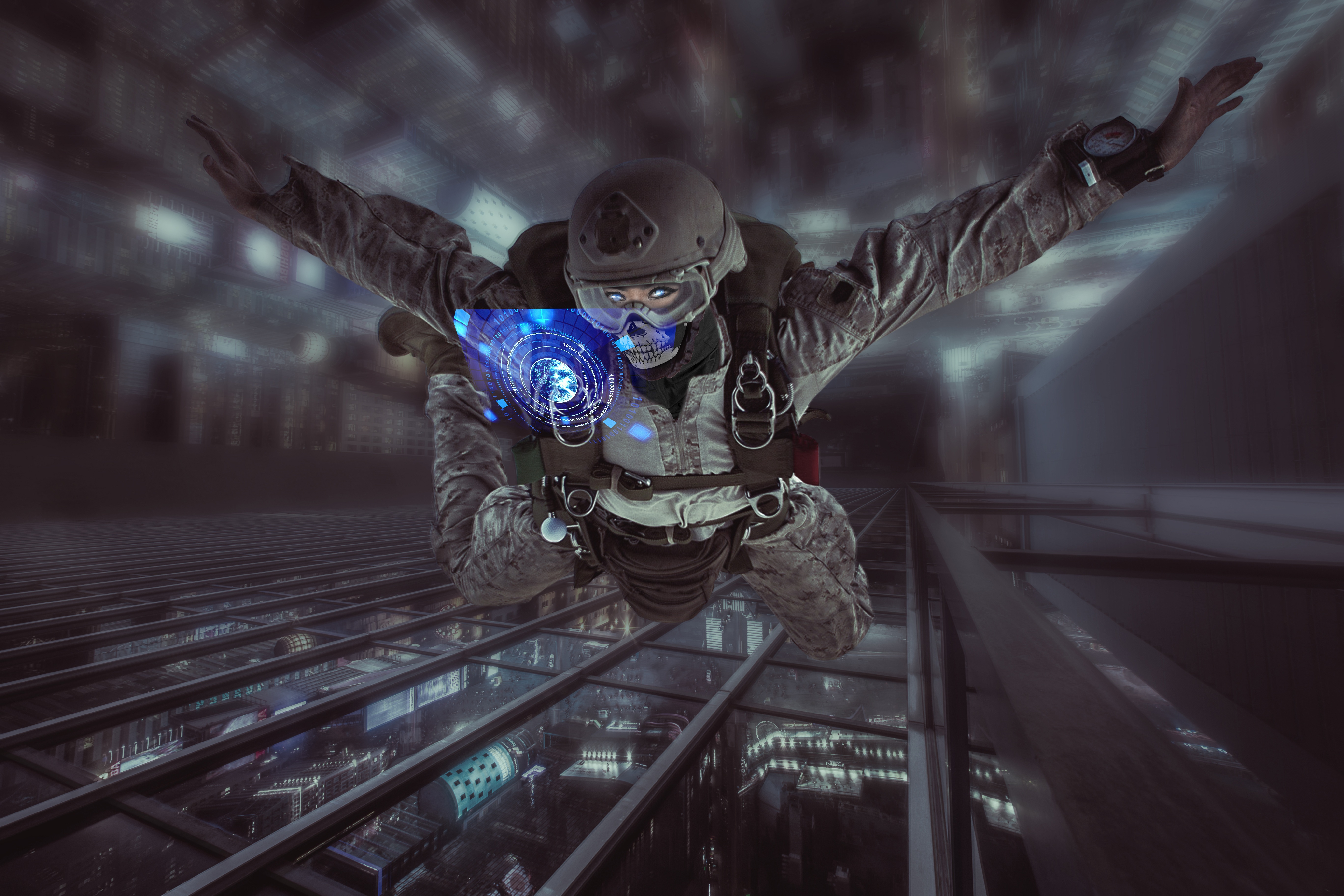 Special Forces.jpg A female soldier in urban camo, HALO jumping into a sci-fi style tech warehouse, with a holographic HUD in front of her glowing eyes
