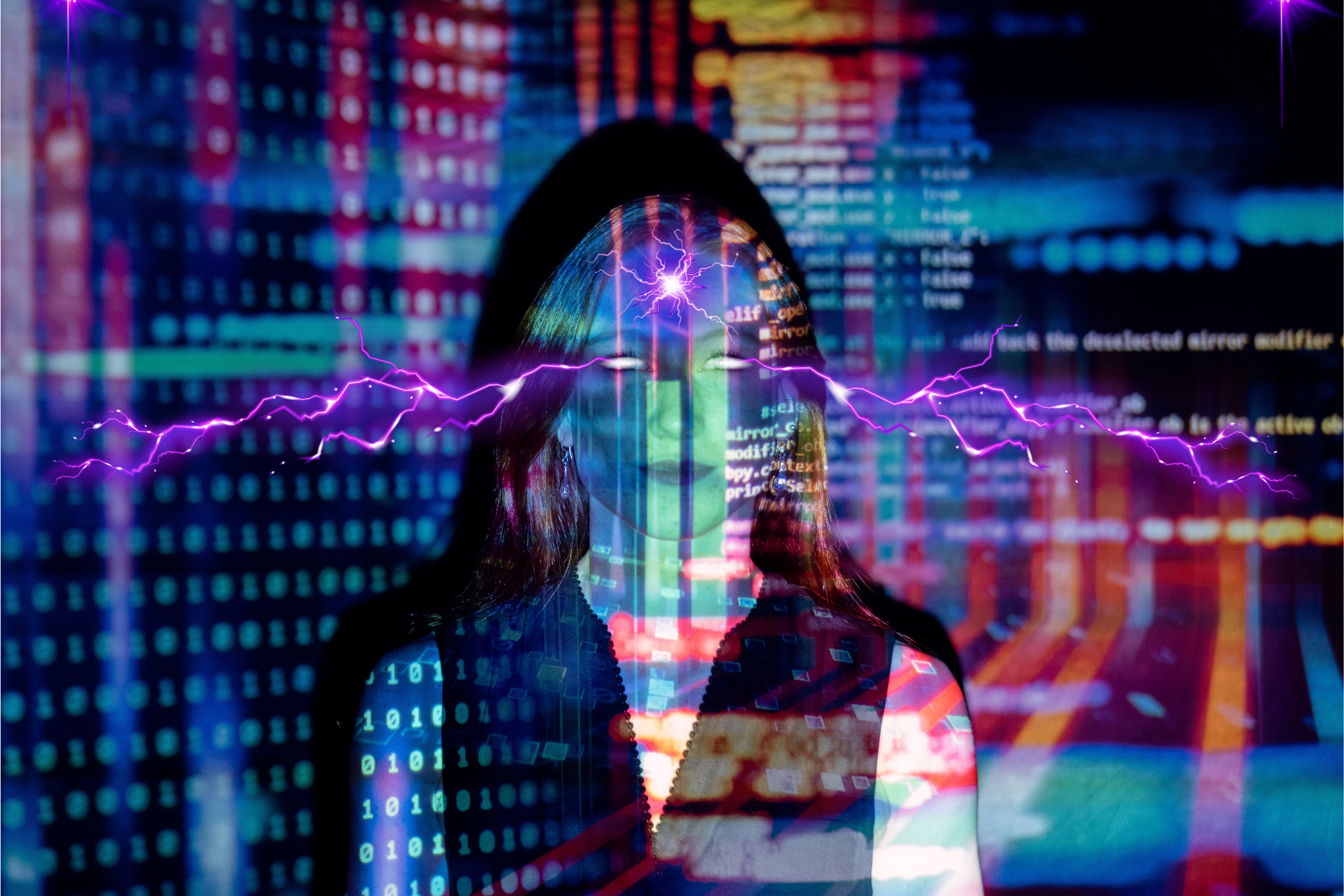 Calculomancy.png A woman with purple lightning shooting from her eyes, standing in a projection of binary code in multi-colours