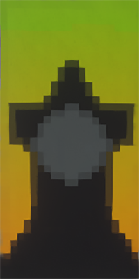 A Minecraft banner featuring a gravestone in black on a lime and orange background, with a gray circle in the center