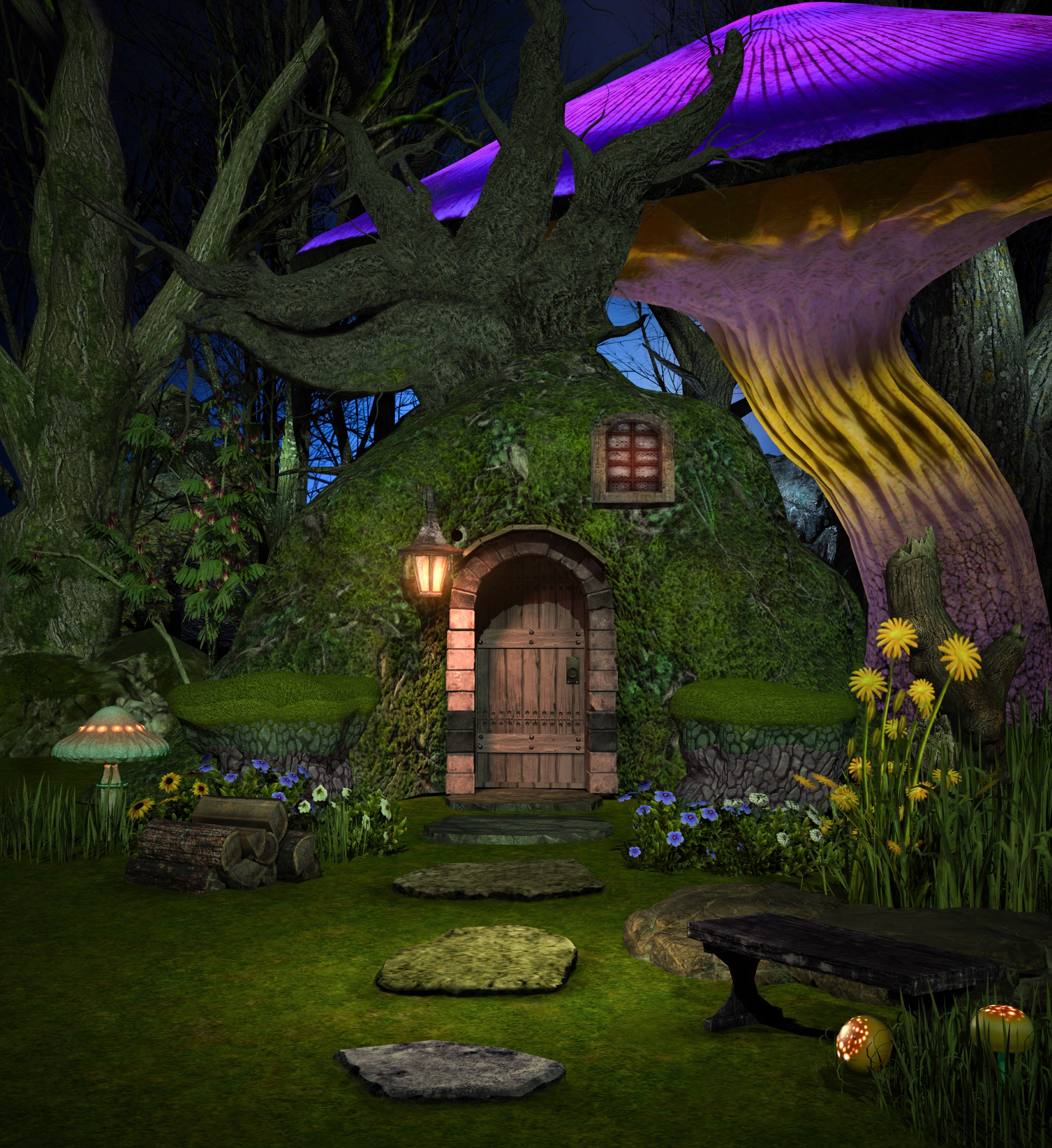 A cabin formed from a mossy tree trunk, with oversized flowers nearby and a giant purple mushroom in the background