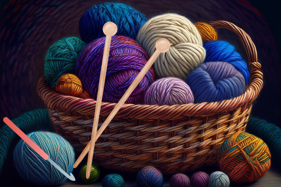Yarncraft -Chiropteran Craft Room.png A basket filled with balls of yarn, with knitting needles and a crochet hook in the foreground