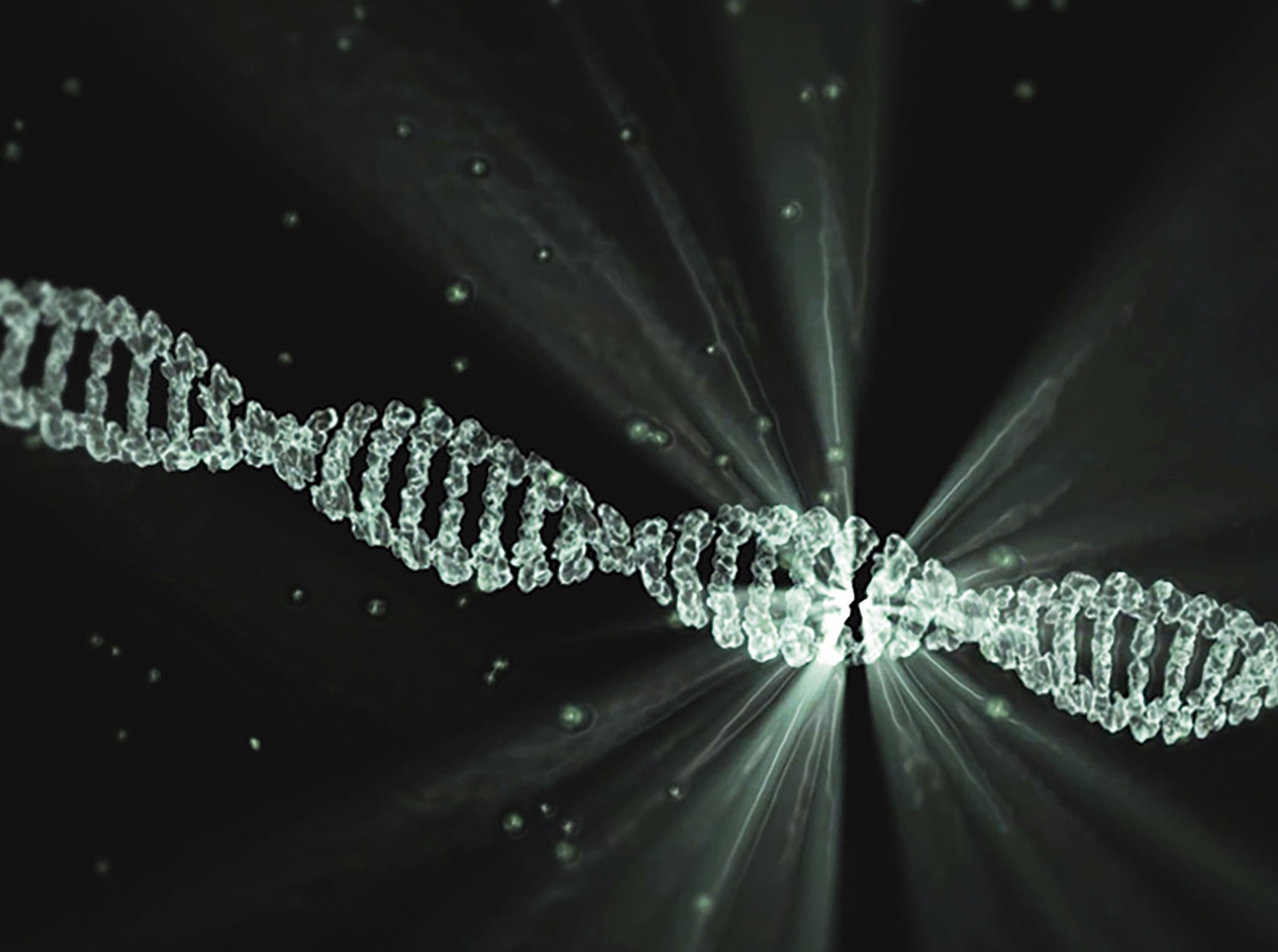 A gleaming stand of DNA on a dark background