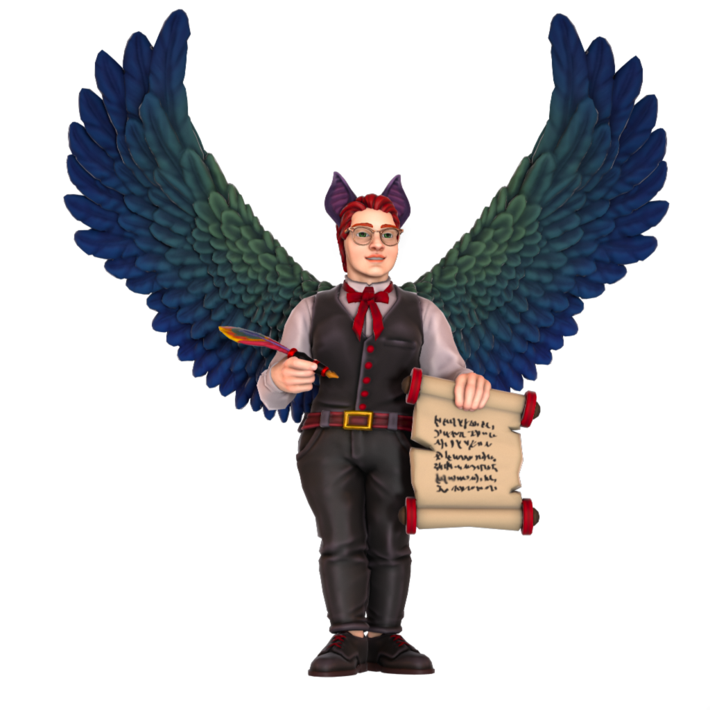 Clockwocket Word Crawl A man with blue and green wings and bat ears holding a quill and scroll with writing on it.